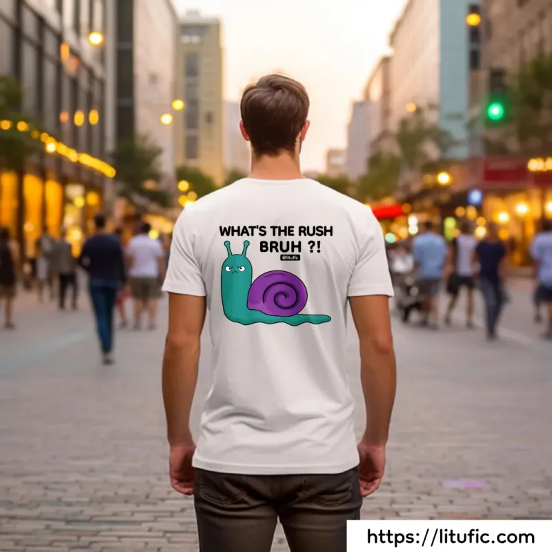 "What's the Rush Bruh?!" quote with an angry snail cartoon, printed on the back of a white men's T-shirt