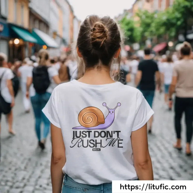 "Just don't rush me" quote with a snail cartoon, printed on the back of a white women's T-shirt