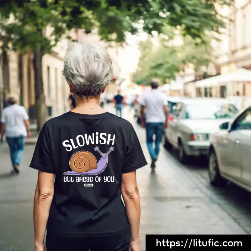 "Slowish but ahead of you" quote with a snail cartoon, printed on the back of a black women's T-shirt